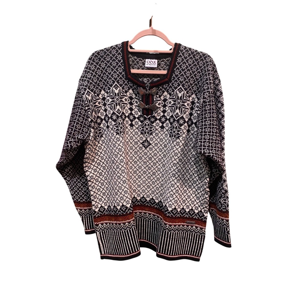 ODA of Norway Wool Sweater Nordic Snowflake Clasp Pullover Black White M